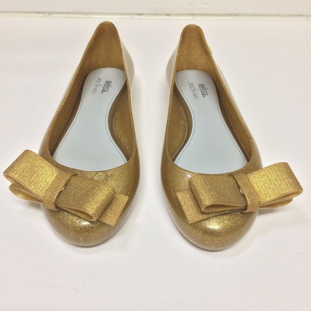 Melissa + Jason Wu gold glitter bow ballet flats